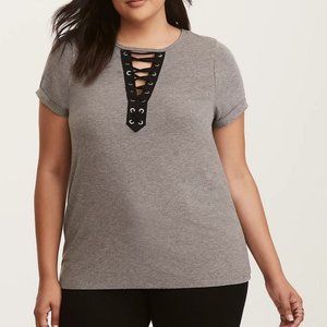 Torrid Grey Knit Jersey Deep V Lace-Up Tee